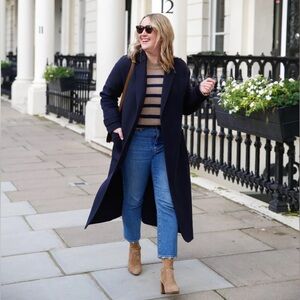 NWT Sézane Mederick double faced wool coat / belted, lapel / navy / EU 36 US 4